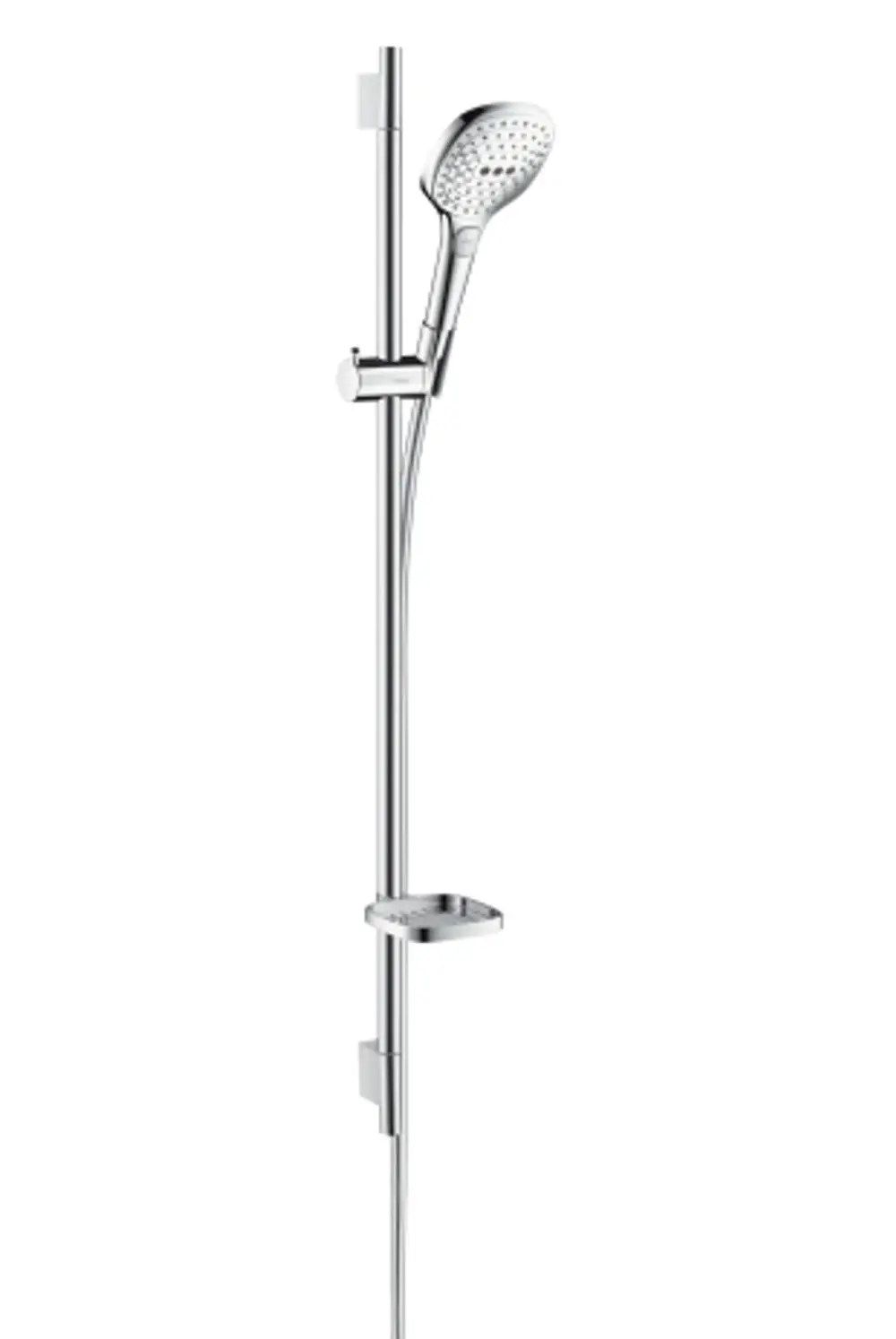Brausestange mit der Handbrause und Seifenschale in Chrom. Das Produkt zeigt eine klare, moderne Designsprache der Marke Hansgrohe.